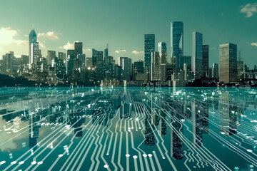 Poster - Aerial view of surreal night cityscape made by electronics circuit board with glowing light in concept technology, A.I., AI, digital.