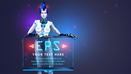 Poster - AI or artificial intelligence in the form of a humanoid female robot holds an empty poster or screen template in its hands. Vector. AI bot presents business report. Robot Speaker presentation about AI