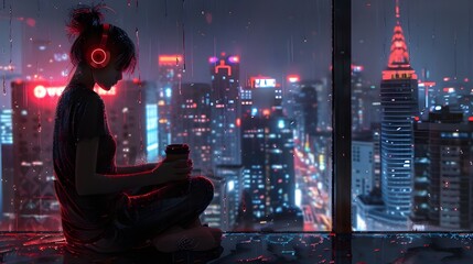 Wall Mural - Lo-fi anime girl sitting by window listen to music, city neon skyline outside. Cool atmosphere animation manga style illustration wallpaper, sad rany night, chill jazz relax video streaming background