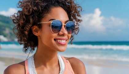 Closeup portrait of a beautiful woman in sunglasses on the beach