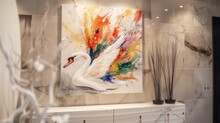 A Close-up Shot Of A Watercolor Painting Depicting A Graceful Swan, Its Feathers Painted In A Burst Of Colors, Adorning The Hallway Of A Contemporary Mansion.