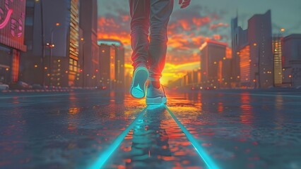 Wall Mural - Individual strolling urban street at sunset in sneakers . Concept Sunset Street Style, Urban Stroll, Sneaker Fashion, Golden Hour Portrait, Cityscape Background