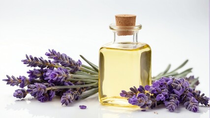 bottle of lavender oil on plain white background from Generative AI