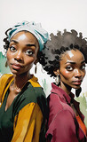 Fototapeta  - Watercolor beauty afro american women. Painting fashion illustration. Hand drawn portrait of two pretty girls