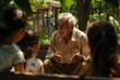 elderly person, their face etched with the wisdom of years, is sharing old tales with an enthralled group of children