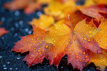 Wall Mural - Close up of fallen leaves on ground in autumn covered in raindrops