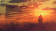 Soldier and USA flag on sunrise background Concept, generative Ai