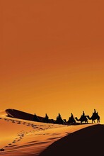 Camel Silhouette Caravan At Dusk Desert Expanse