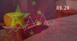 Image of financial data processing and flag of china over landscape