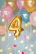 Golden floating balloon in shape of number four. Children boy birthday party for 4 years celebration.	
