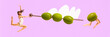 Banner. Contemporary art collage. Women interacting with skewer with green olives on vibrant purple backdrop. Concept of parties, fun and joy, holidays, summer, travelling, pop art. Ad