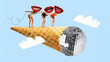 © master1305 - Poster. Women, friends with wide smiles instead of heads stands on waffle cone with disco ball as ice cream Contemporary art collage. Concept of parties, fun and joy, holidays, summer, travelling. Ad
