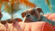 Dog resting on a peach sun bed summer background