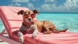 Dog resting on a peach sun bed summer background