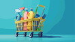 Trolley with cleaning supplies on light background cl