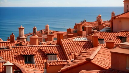 Wall Mural - Ocean View From Building Roof, Clear, Breathtaking Perspective of Coastal Landscape, The terracotta rooftops of Mediterranean Sea in Spain
