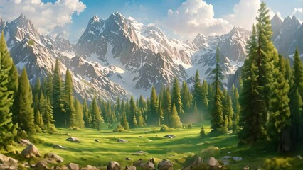 Poster - Mountain Landscape Painting With Green Grass and Trees, A Broad alpine meadow with towering pine trees and distant snowy peaks as the backdrop