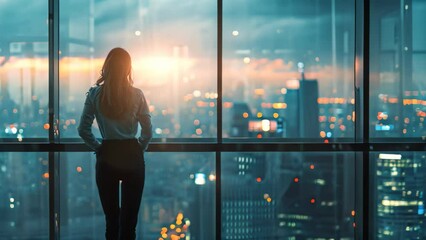 Sticker - A woman stands before a window, captivated by the panoramic view of the city, A businesswoman standing thoughtfully in her office, cityscape in the backdrop