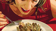 Woman eating tasty baked artichoke with sauce closeup