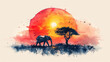 Watercolor painting depicting an elephant walking across the African savanna at sunset