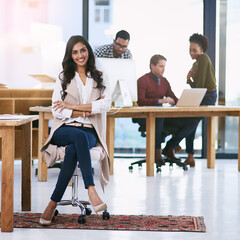 Wall Mural - manager, woman and office with colleagues and portrait, successful and professional worker. manageme