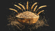 Wooden bowl with grains and wheat ears on grunge black