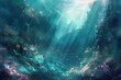 Capture the essence of an underwater fantasy by combining traditional painting techniques with abstract elements, showcasing a high-angle viewpoint to depict a dreamlike world teeming with imaginative