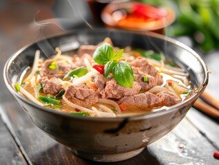 Wall Mural - Beef Pho Noodle Soup Close-Up Vietnamese Food Dining Dinner Blurred Background Image	
