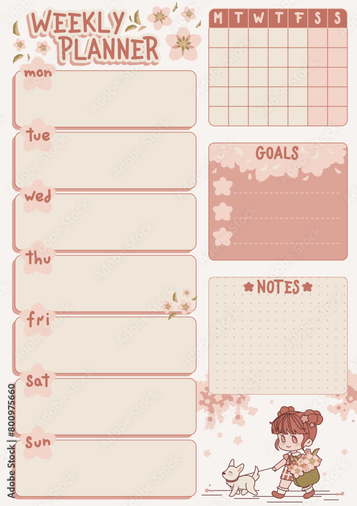 Kawaii weekly planner with spring flowers and a cute girl walking with ...