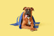Boxer dog with flag of Sweden lying on yellow background