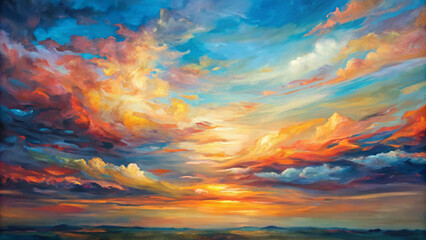 Wall Mural - Dramatic orange and red sunset colors fill the sky and cloudscape at dusk