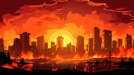 Wall Mural - Apocalyptic Urban Inferno: City Engulfed in Flames