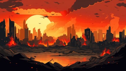 Wall Mural - Apocalyptic Urban Inferno: City Engulfed in Flames