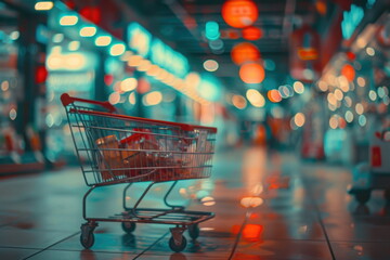 Cart with blur supermarket background