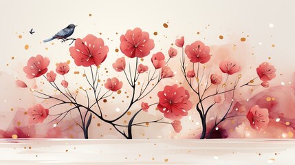 Wall Mural - Abstract floral background with pink poppies and plants.