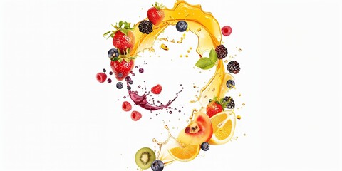 Various fruits with juice splashes in swirl shapes on white background.