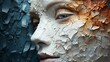 The image is a close-up of a woman's face. Her face is made up of thousands of tiny pieces of colored glass. The overall effect is one of beauty and mystery.