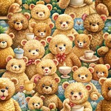 Fototapeta  - Seamless pattern of fluffy teddy bears gathered around a tea party, Generative AI