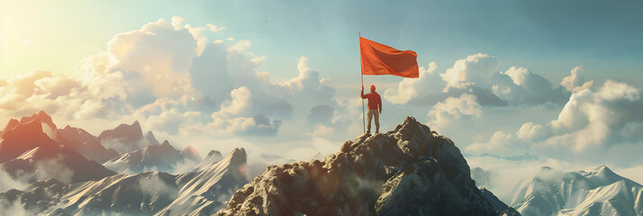  woman standing by high mountain with flag as symbol of movement towards business goals
