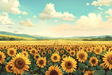 Wall Mural - Vibrant Sunflower Field Illustration., International Sun Day, the importance of solar energy, Sun’s contributions to life on Earth.