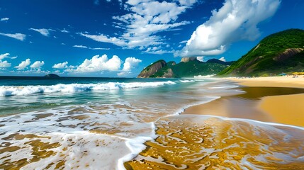 Wall Mural - Tropical beach with golden sand and azure waters under a sunny sky. Perfect holiday destination landscape. Tranquil nature scene. AI