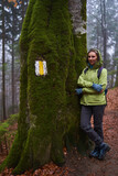 Fototapeta  - Woman hiker on a rainy day in the forest