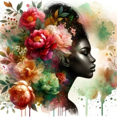 A painting of a black woman with flowers in her hair, Portrait African woman