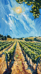 Wall Mural - Sunlit Vineyard Landscape Painting Blend., International Sun Day, the importance of solar energy, Sun’s contributions to life on Earth.