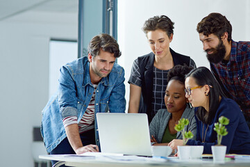 Poster - Office, desk and business people at laptop in creative workshop for planning, strategy and development. Teamwork, men and women in meeting for design ideas with online report, website and mentorship.