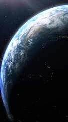 Poster - Vertical format : A cinematic rendering of planet Earth with vibrant blue sky atmosphere as view from space 
