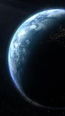 Poster - Vertical format : A cinematic rendering of planet Earth with vibrant blue sky atmosphere as view from space 
