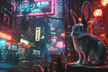 Wall Mural - unique cute bunny in cyberpunk street