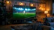 Cozy modern living room at night with large TV screen showing soccer match. Comfortable interior design with ambient lighting. Ideal space for sports entertainment and relaxation. AI