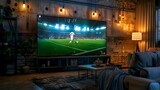 Fototapeta Abstrakcje - Cozy modern living room at night with large TV screen showing soccer match. Comfortable interior design with ambient lighting. Ideal space for sports entertainment and relaxation. AI